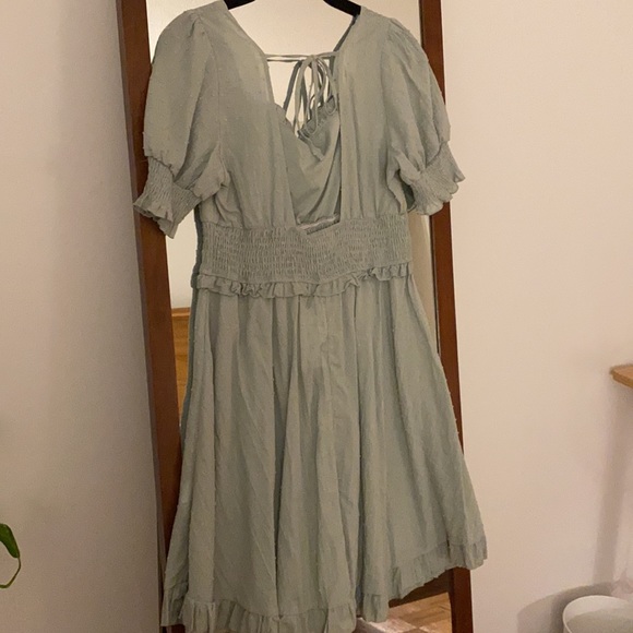 Luca and Grae Smocked Waist Sage Green Mini Dress - Picture 5 of 7